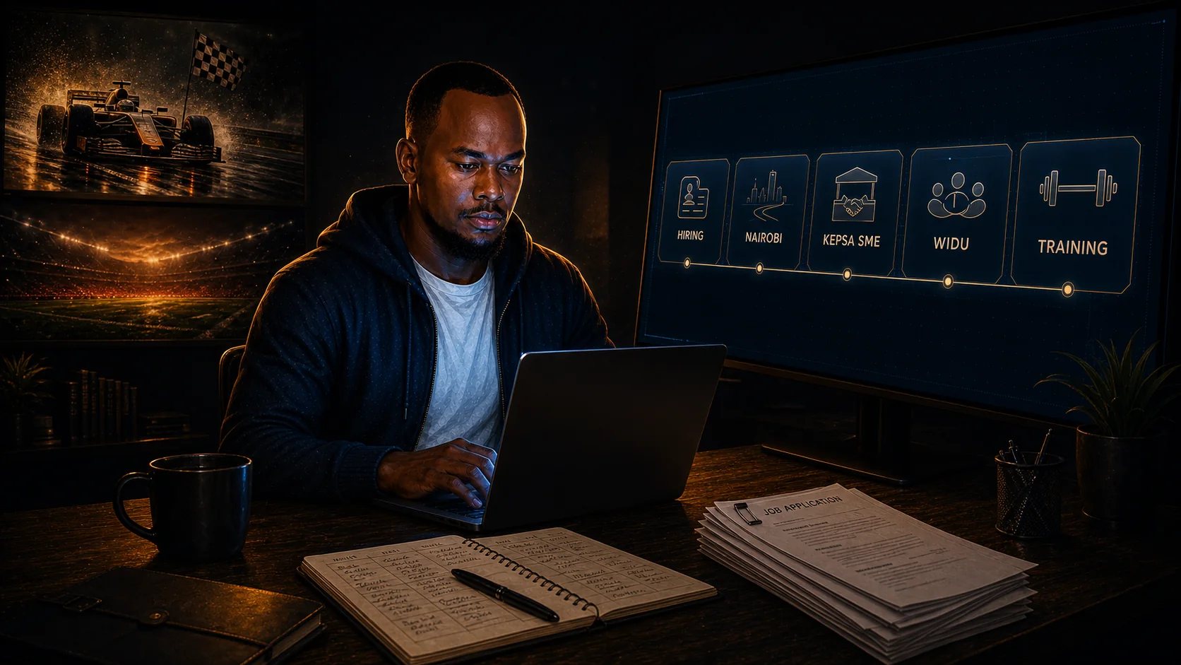 Njuguna Hilary preparing for a busy week at night beside a planning screen, with racing and football scenes in the background