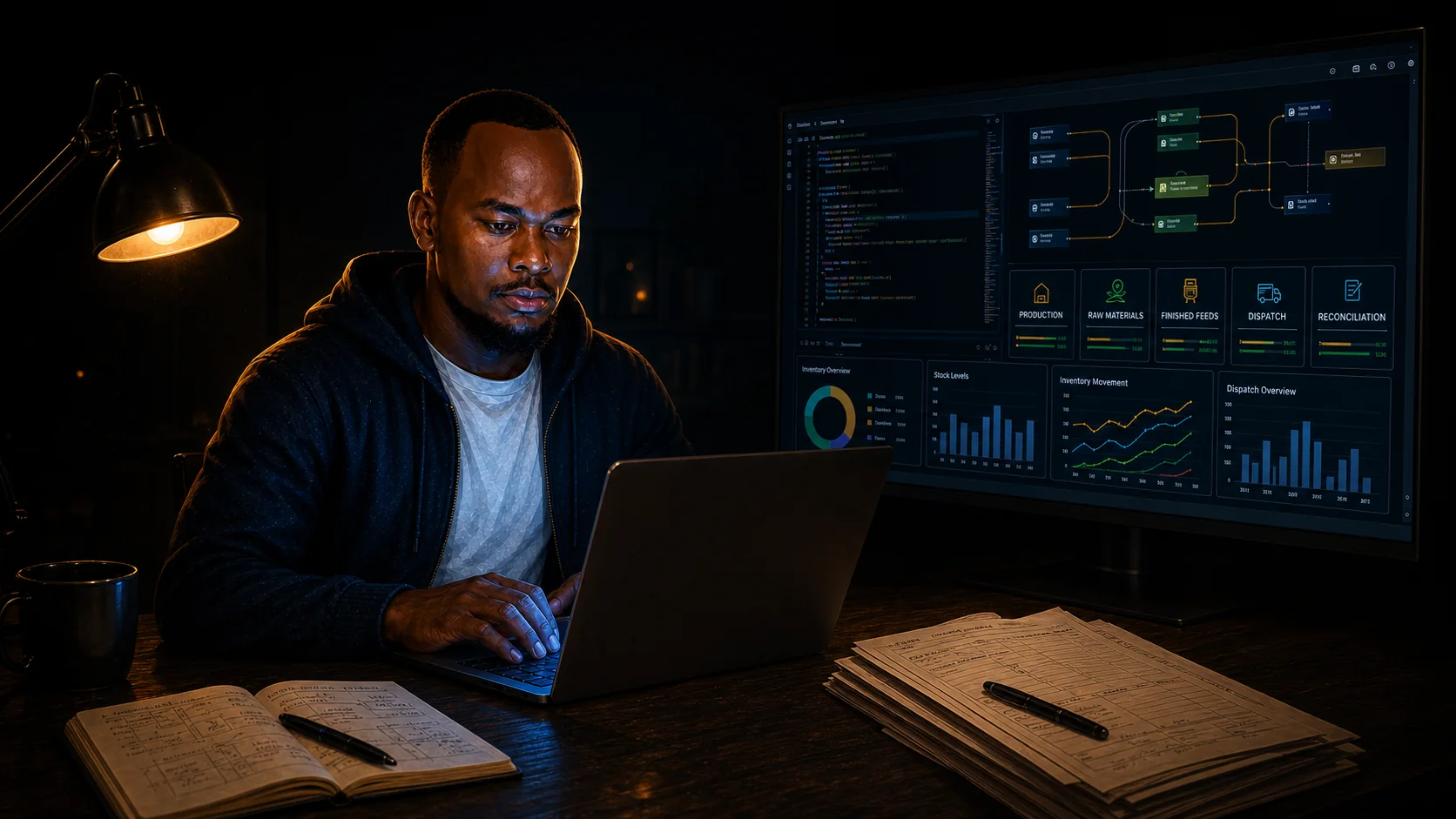 Njuguna Hilary building a custom operations system at night beside a large monitor showing production and inventory modules