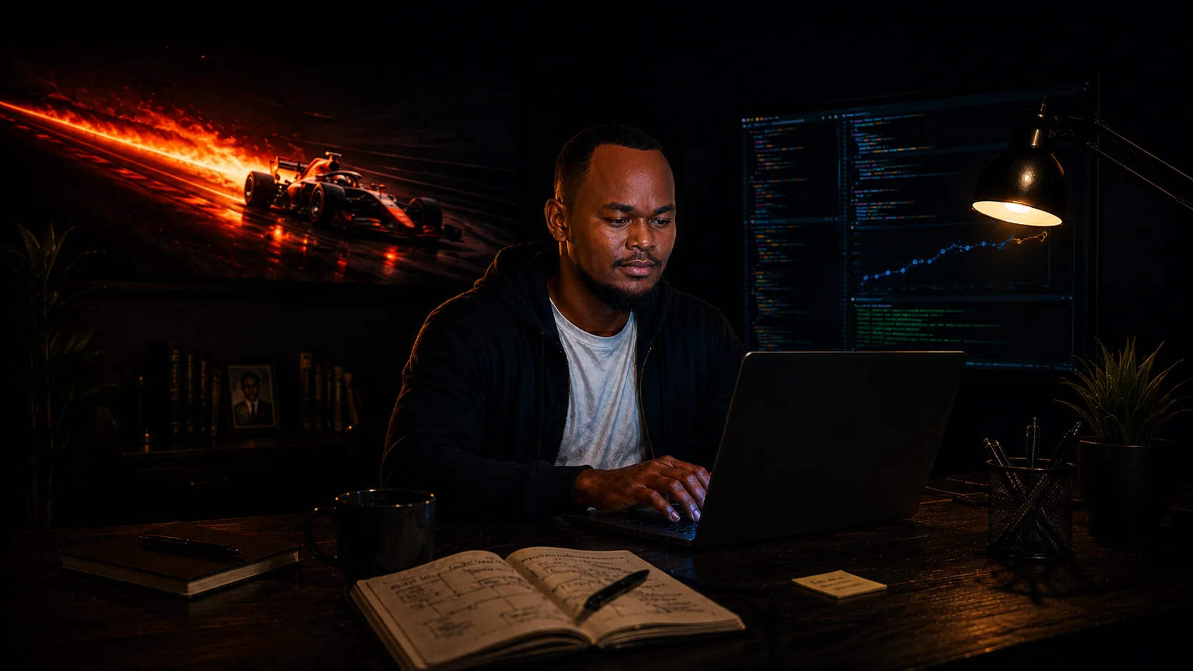 Founder working late at night with code, charts, and a racing scene on the wall