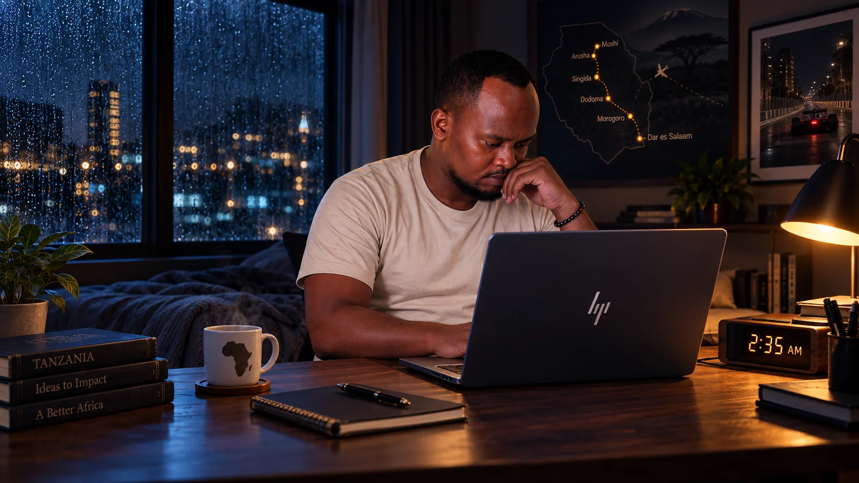 Njuguna Hilary building at an HP laptop at 2:35 a.m. while rain falls outside, with Tanzania and Baku reflected in the work ahead