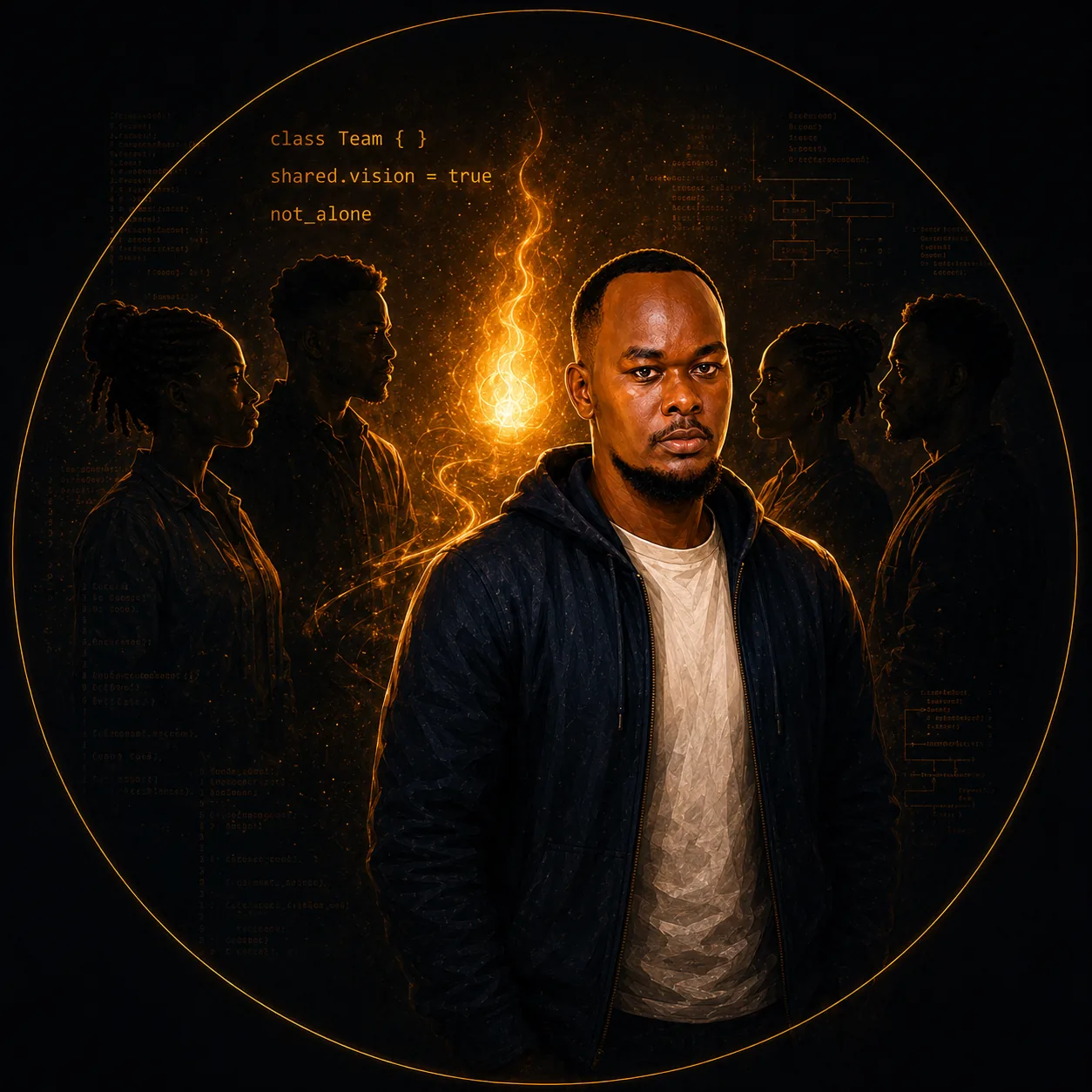Founder standing with a team around a shared vision