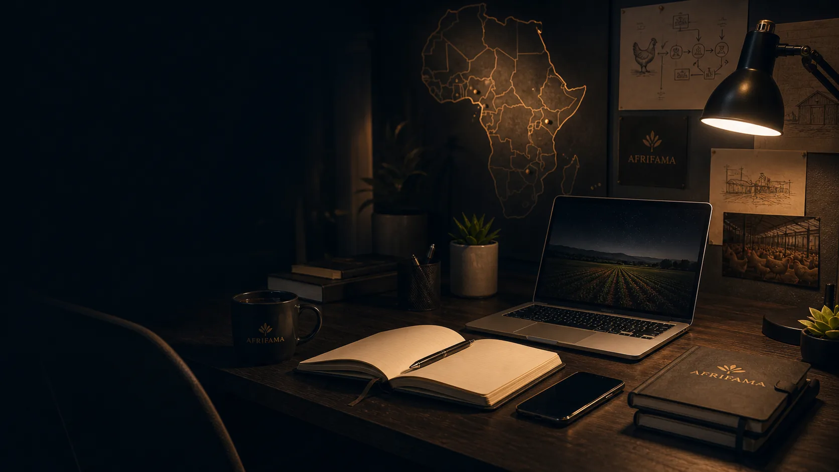 Late-night founder desk with notebook, laptop, and agribusiness notes
