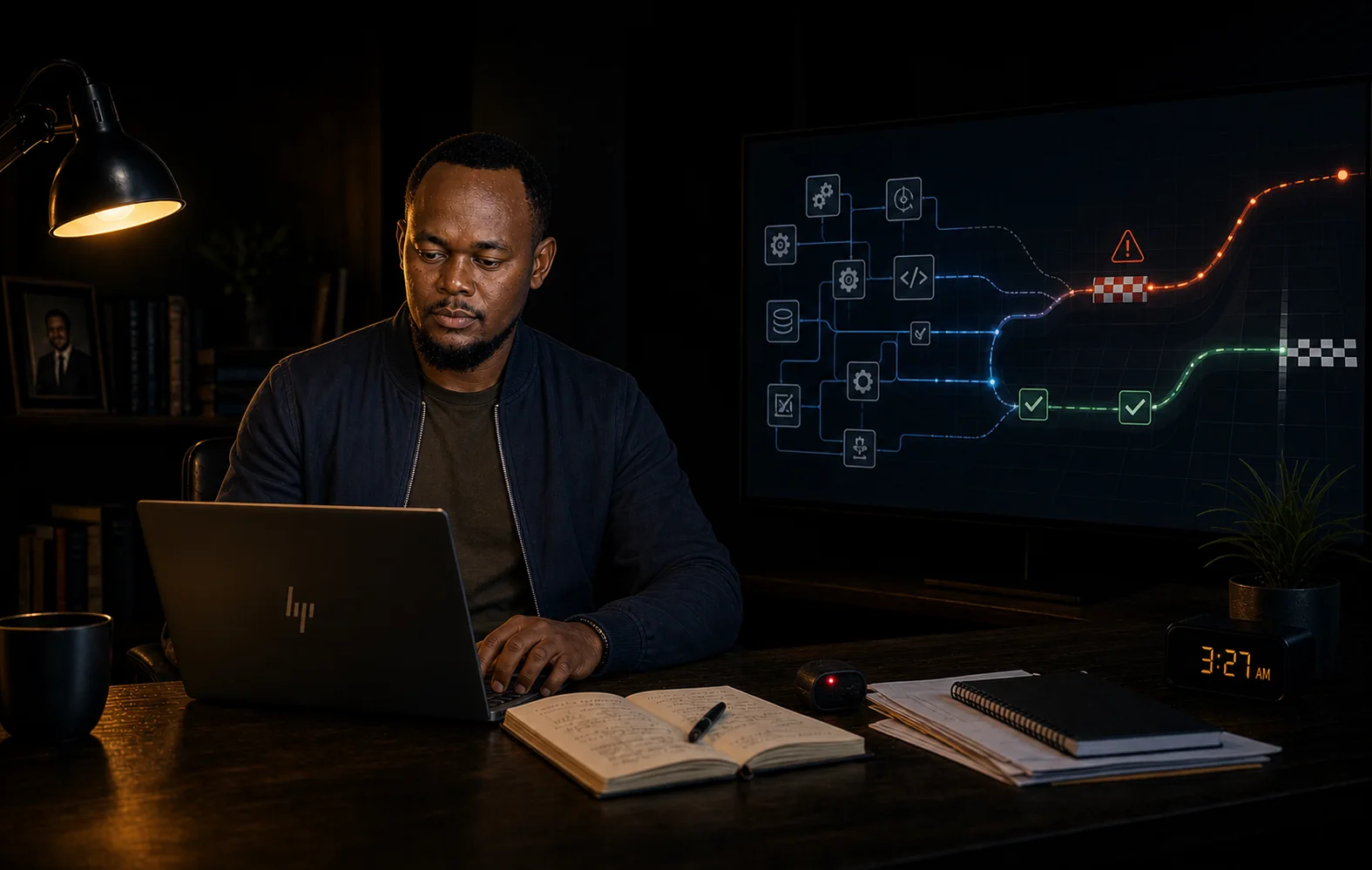 Njuguna Hilary building at his HP laptop at 3:27 a.m. beside a screen comparing a faster grid-penalty route with a slower verified development path