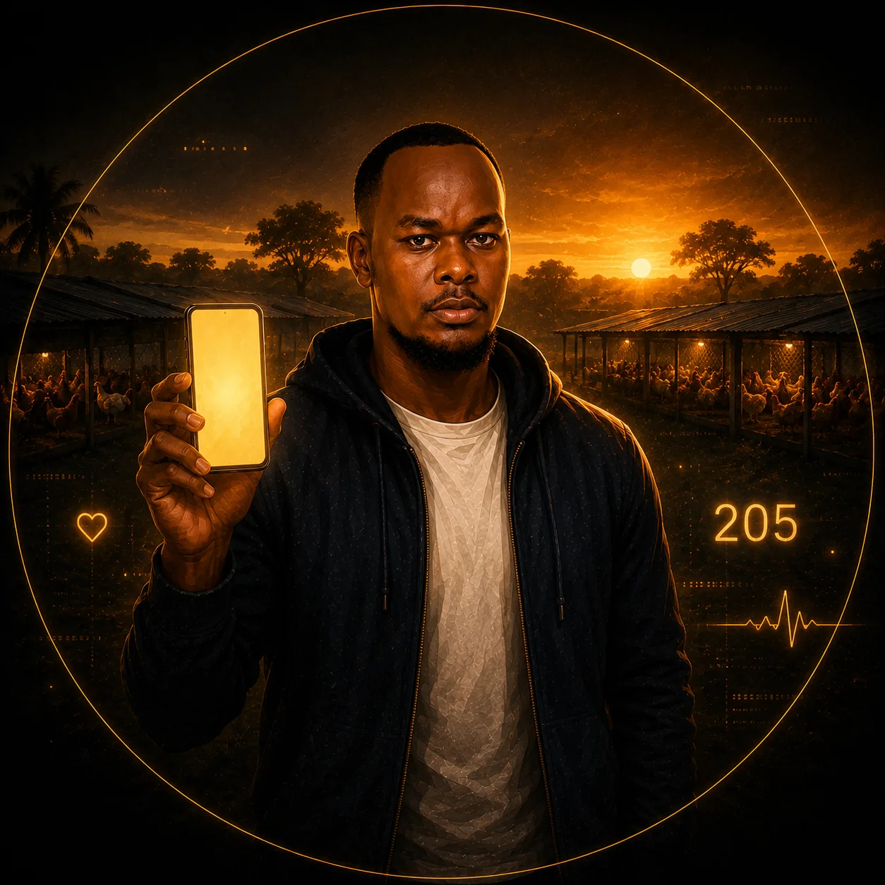 Founder holding a phone on the poultry farm with proof of farmer traction