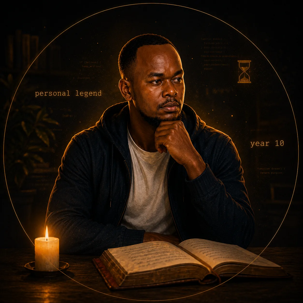 Founder reflecting by candlelight over an open book