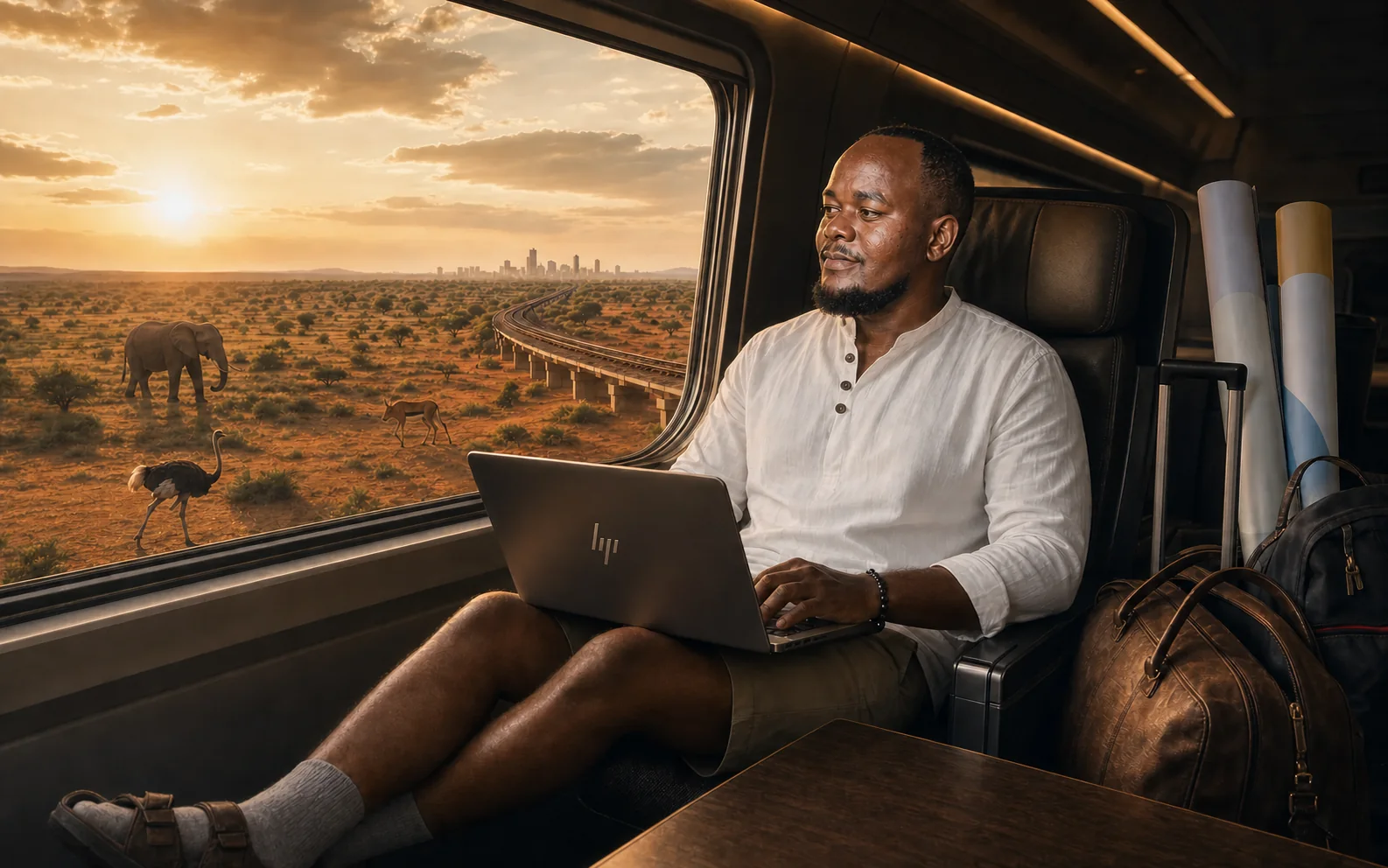 Njuguna Hilary travelling by train through Tsavo with a laptop and exhibition luggage, returning to Nairobi for the KEPSA SME Conference