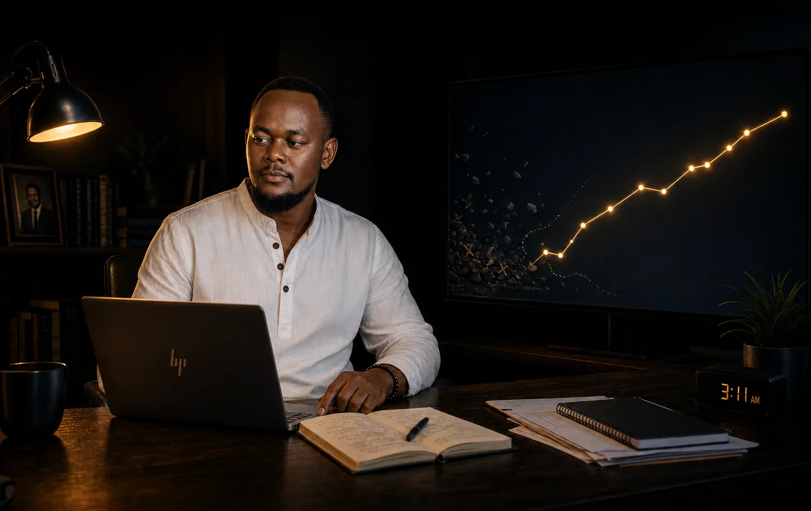 Njuguna Hilary reflecting at his desk at 3:11 a.m. beside a roadmap of broken plans and smaller steps moving forward