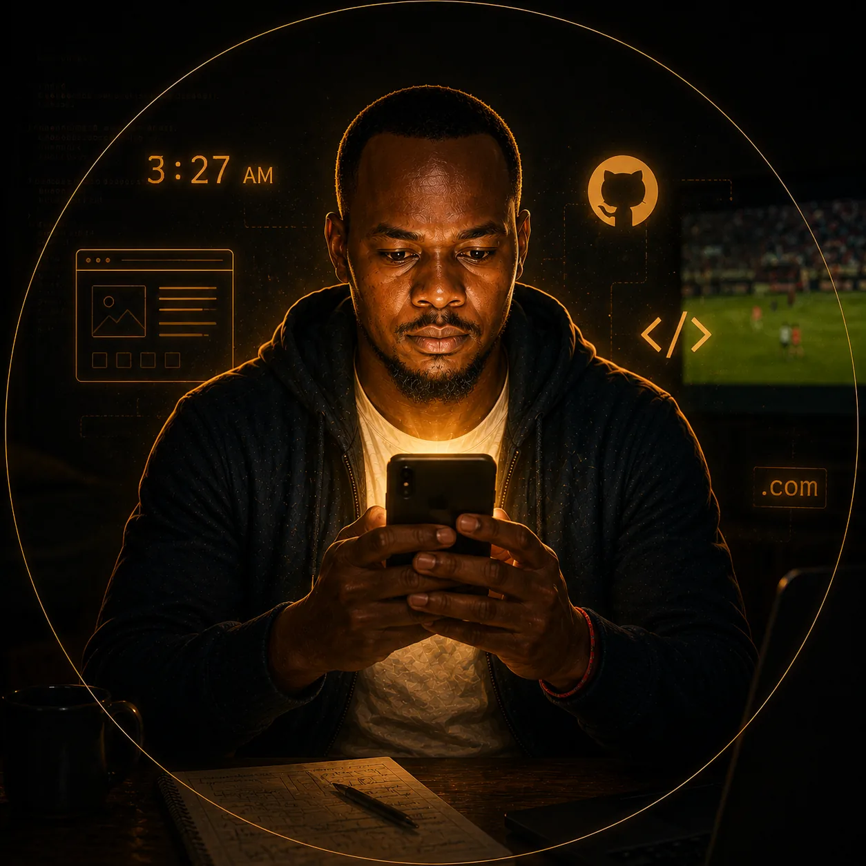 Founder building a website from a phone late at night