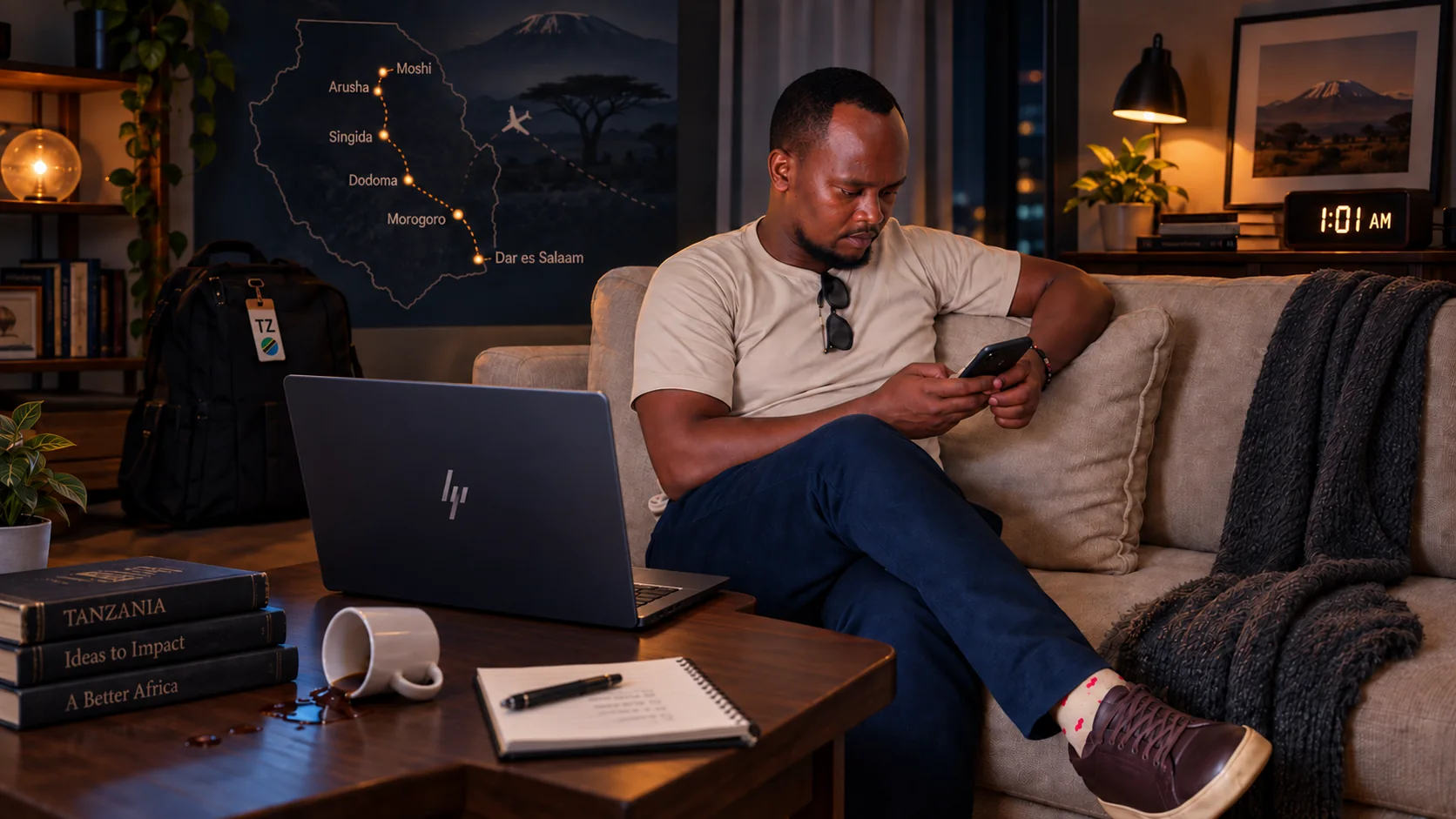 Njuguna Hilary resting on a sofa at 1:01 a.m. beside an HP laptop, spilled coffee and a map of his Tanzania work journey